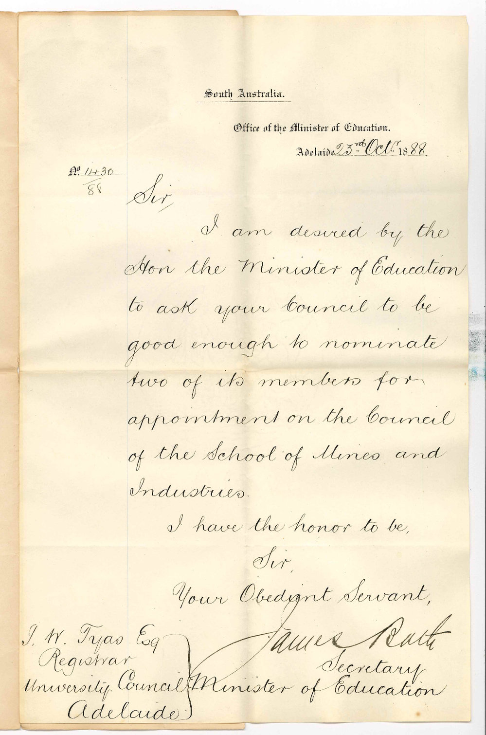 James Bath - Secretary - Office of the Minister of Education - Adelaide - Asking Council to Nominate Two Members for Appointment on the Council of the School of Mines