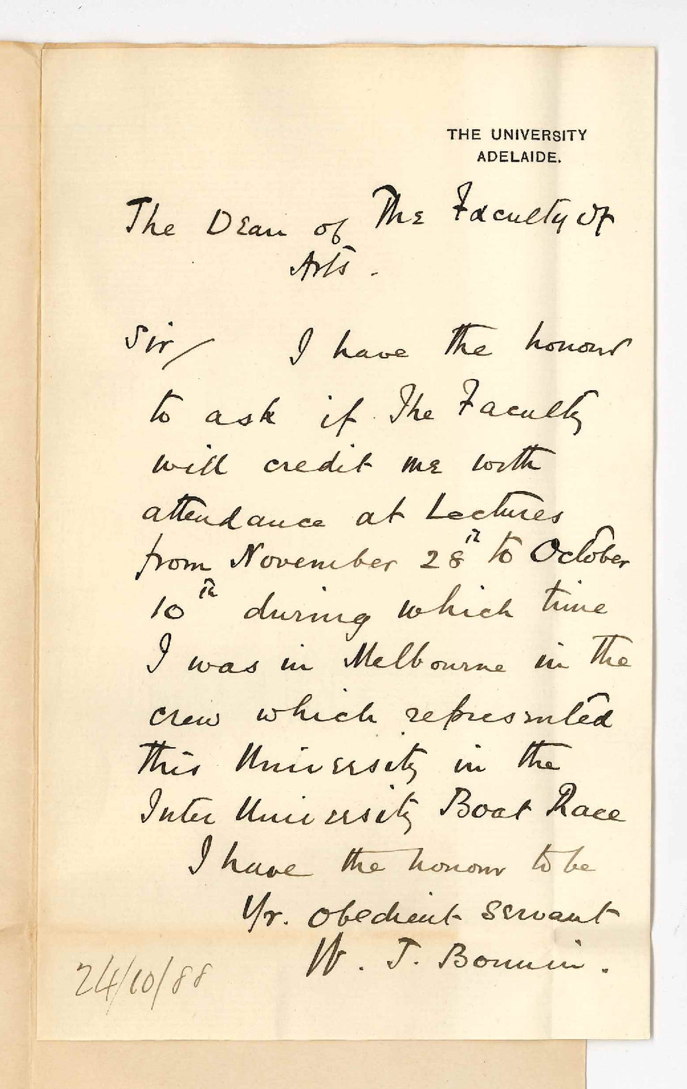 William James Bonnin - The University - Asking to be Credited with Attendance of Lectures