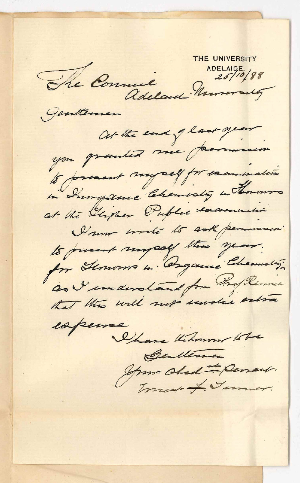 Ernest F Turner - The University - Asking to be Allowed to Present for Honours in Chemistry in the Higher Public Examination