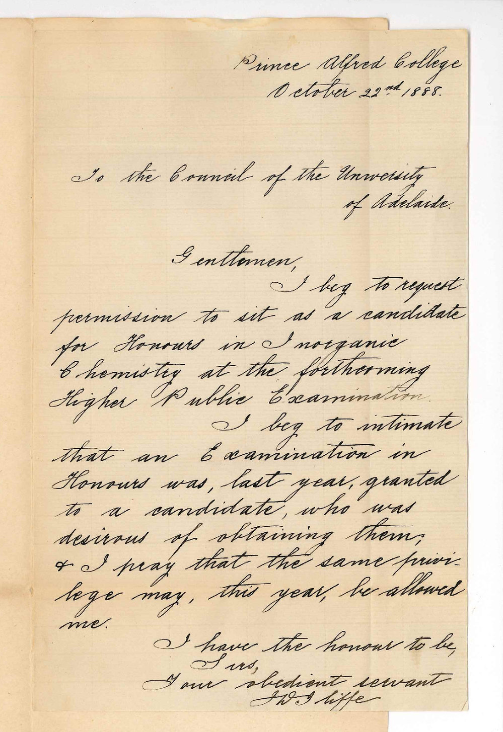 James Drinkwater Iliffe - Prince Alfred College - Asking to be Allowed to Present in Honours in Chemistry at the Higher Public Examination