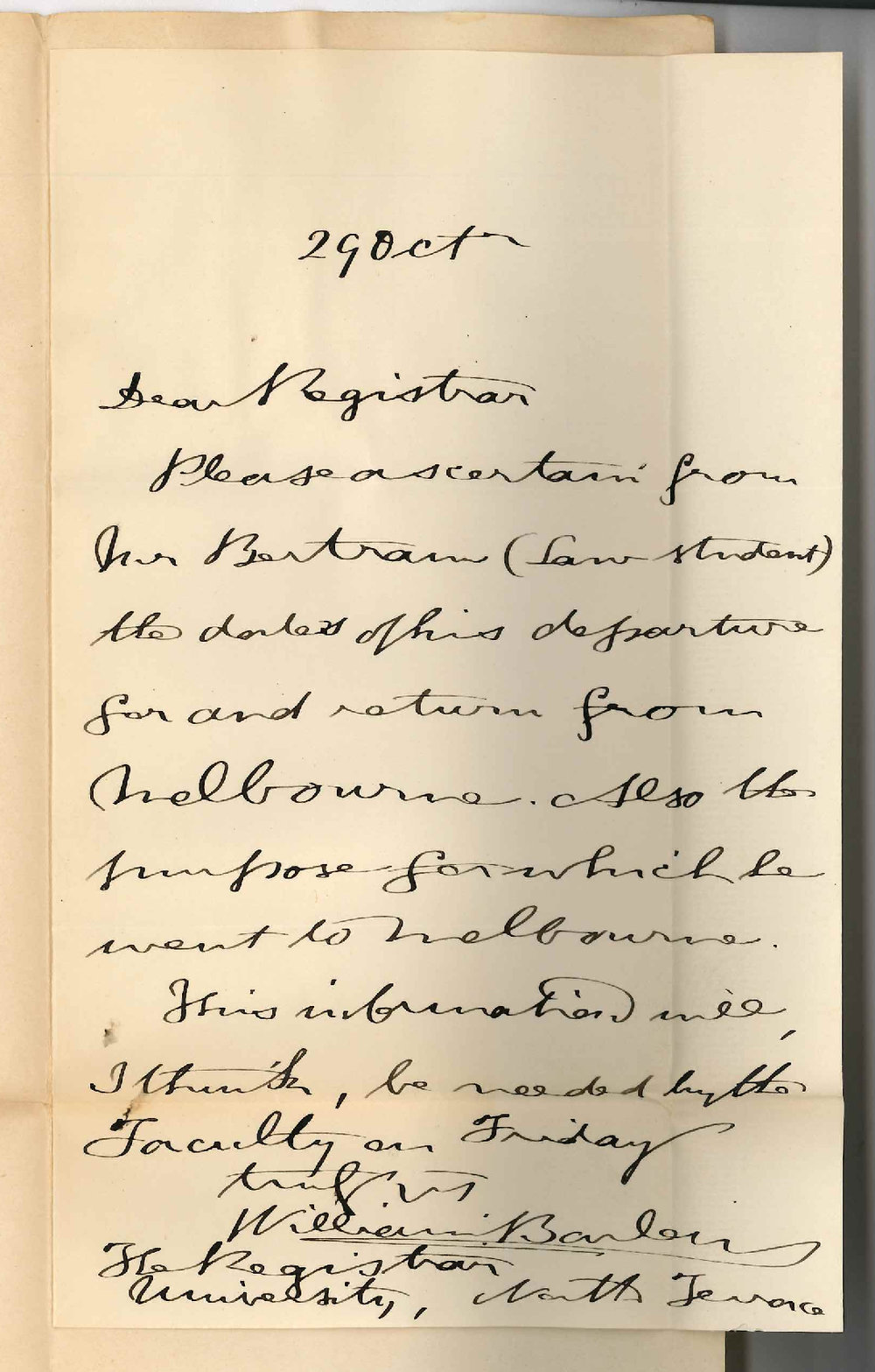 Dr William Barlow - Victoria Square Adelaide - Mr Bertram and Exemption from Lectures