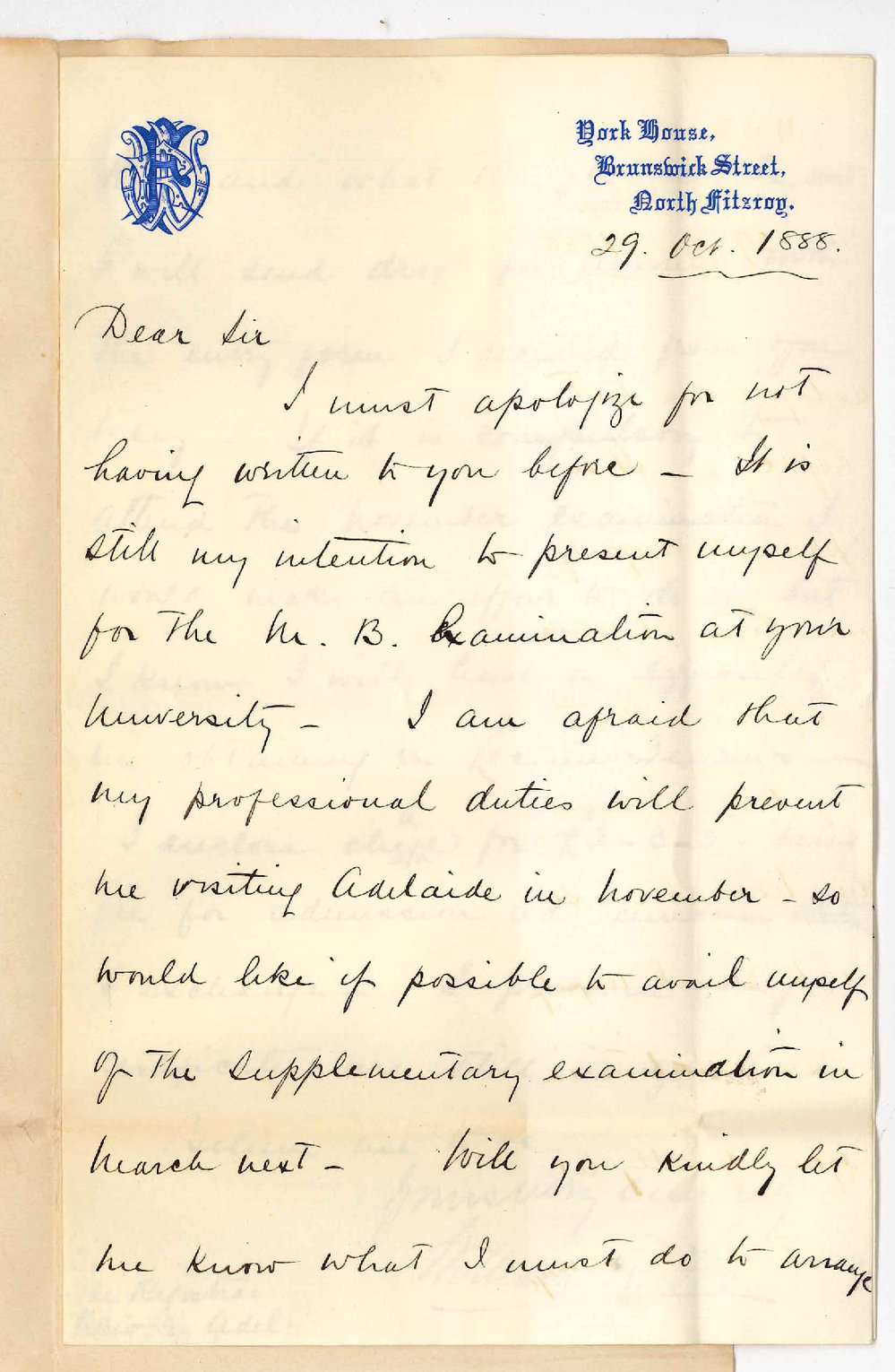 William R Fox - North Fitzroy Victoria - MB Examination in March 1889