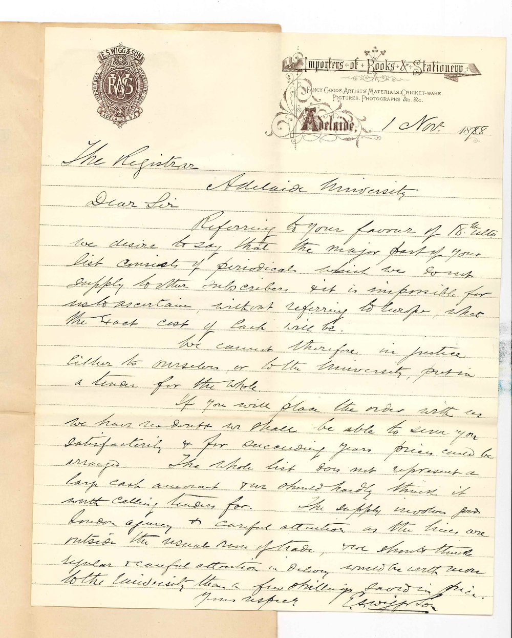 Messrs E S Wigg and Sons - Rundle Street Adelaide - Concerning Tender for Periodicals