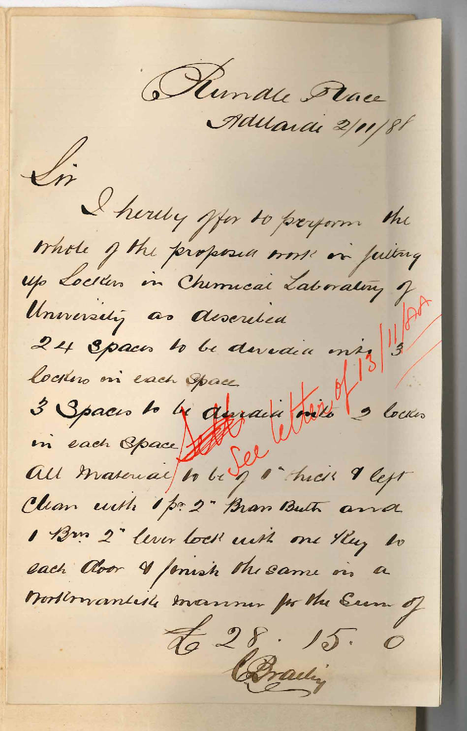 E Brailey - Rundle Place Adelaide - Tender for Lockers etc in Chemical Laboratory