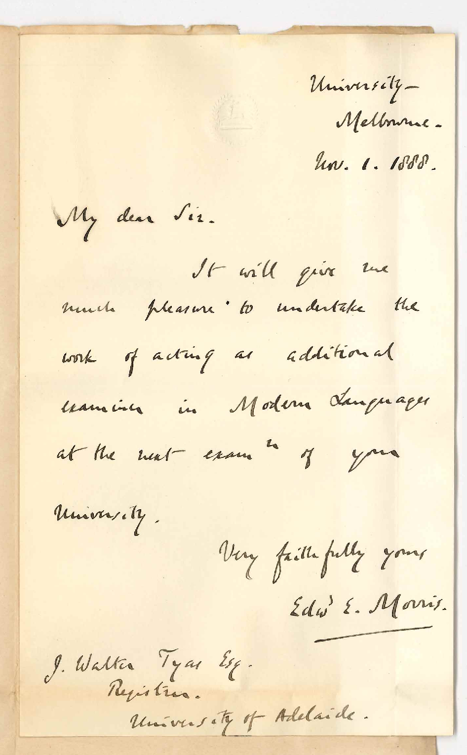 Professor Edward Ellis Morris - University of Melbourne - Will Examine in Modern Languages