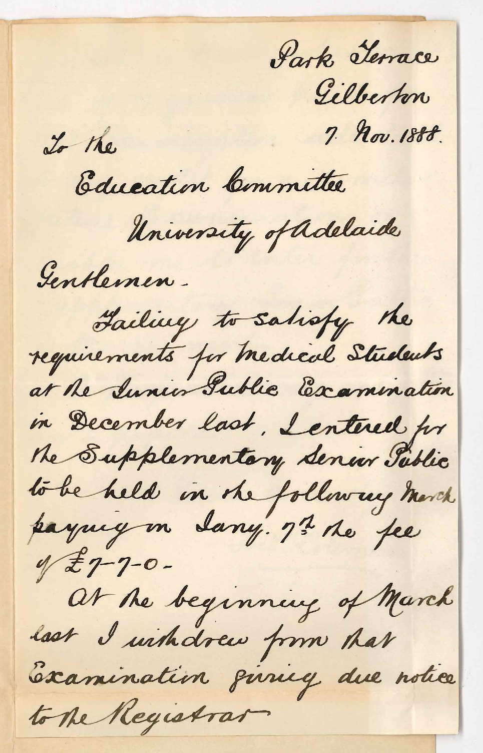 Frederick Coleman - Gilberton - Asking if Fee Paid for Special Senior Public Examination in March 1888 Will Stand to His Credit for a Future Examination