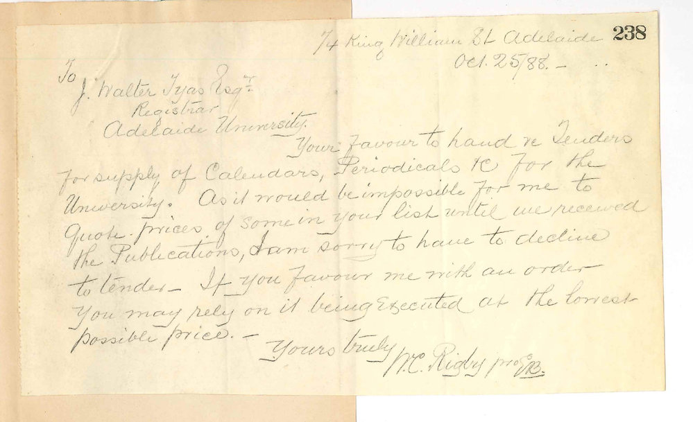W C Rigby - Adelaide - Concerning Tender for Periodicals