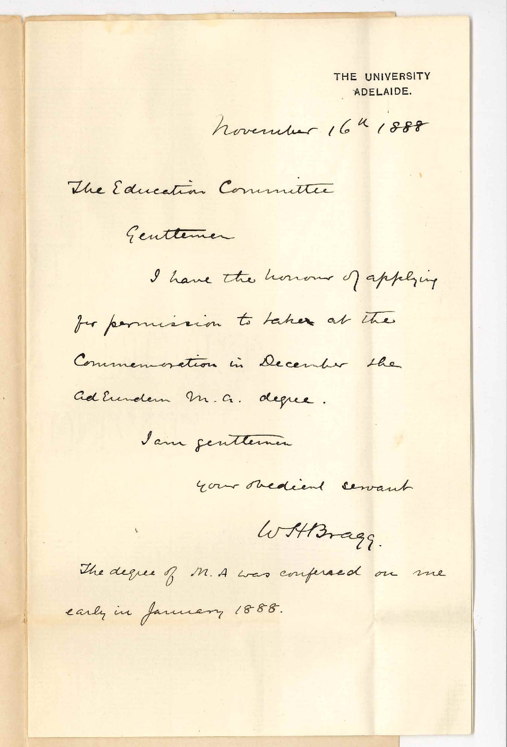 Professor William Henry Bragg - The University - Request to be Admitted Ad Eundem Gradum MA Degree