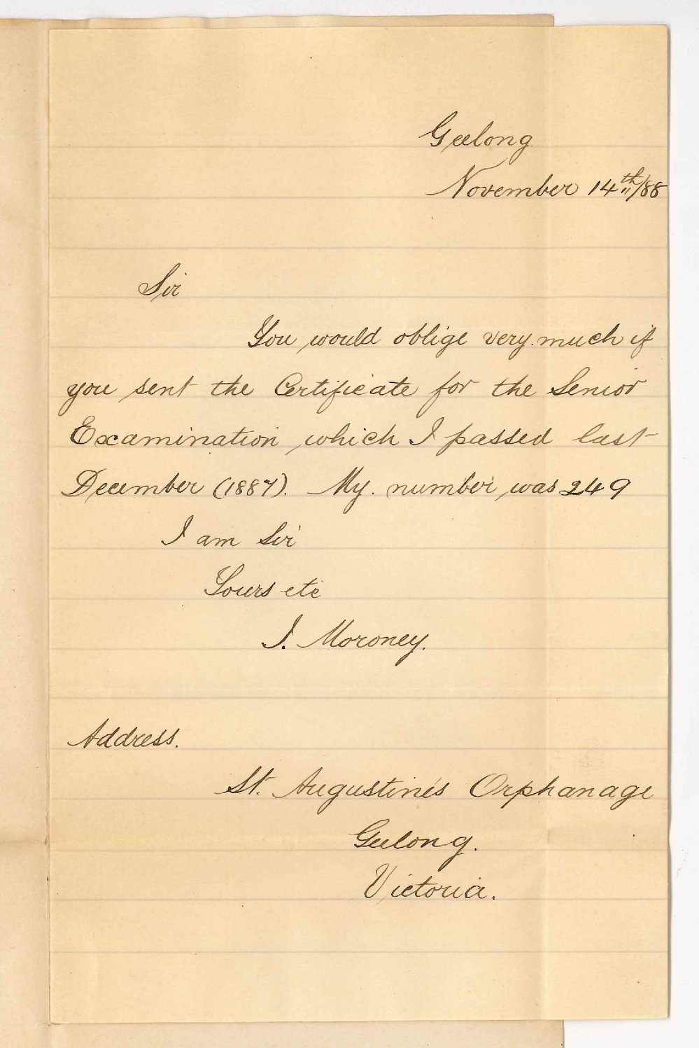 Joseph Moroney - St Augustines Orphanage - Geelong - Requesting Certificate for Senior Public Examination