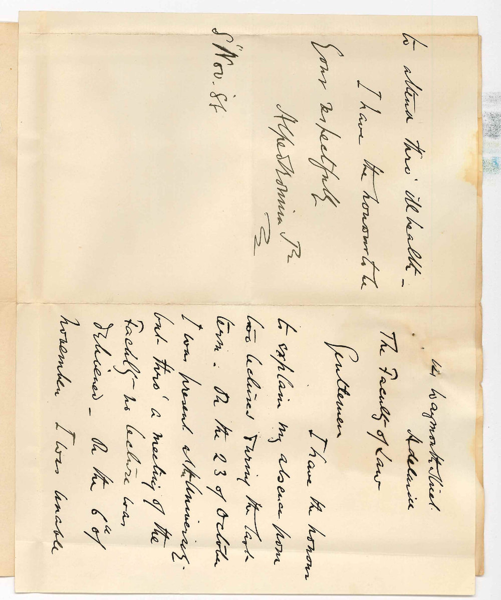 Alfred Bonnin - Waymouth Street Adelaide - Concerning Absence from Certain Law Lectures