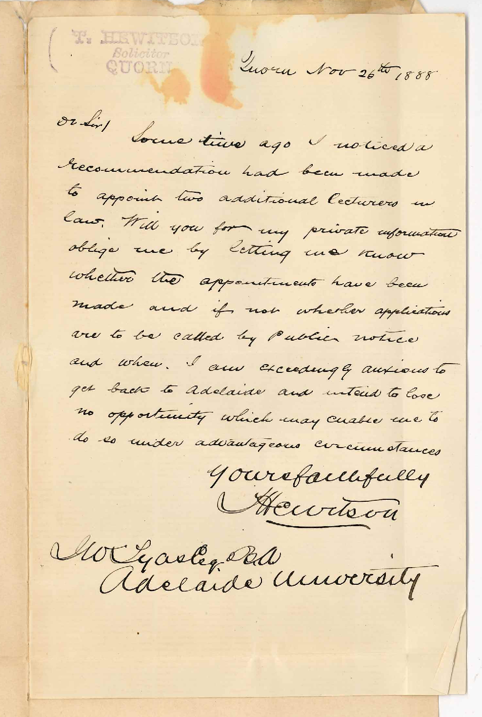 Thomas Hewitson - Quorn - Concerning the Appointment of Additional Law Lecturers