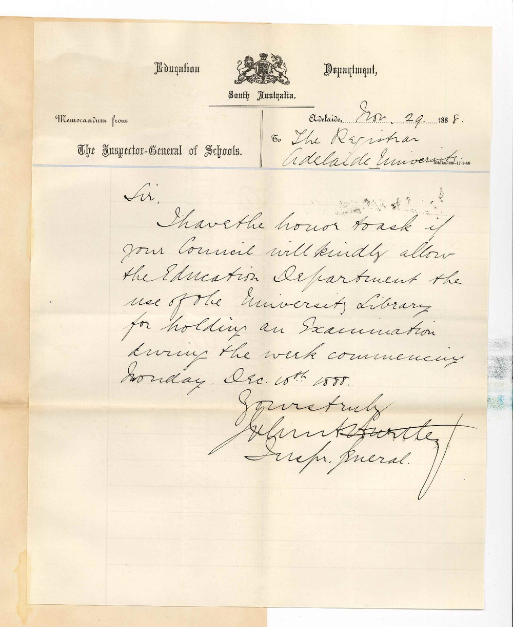 John Anderson Hartley - Inspector General of Schools - Asking for Use of the Library for Examination