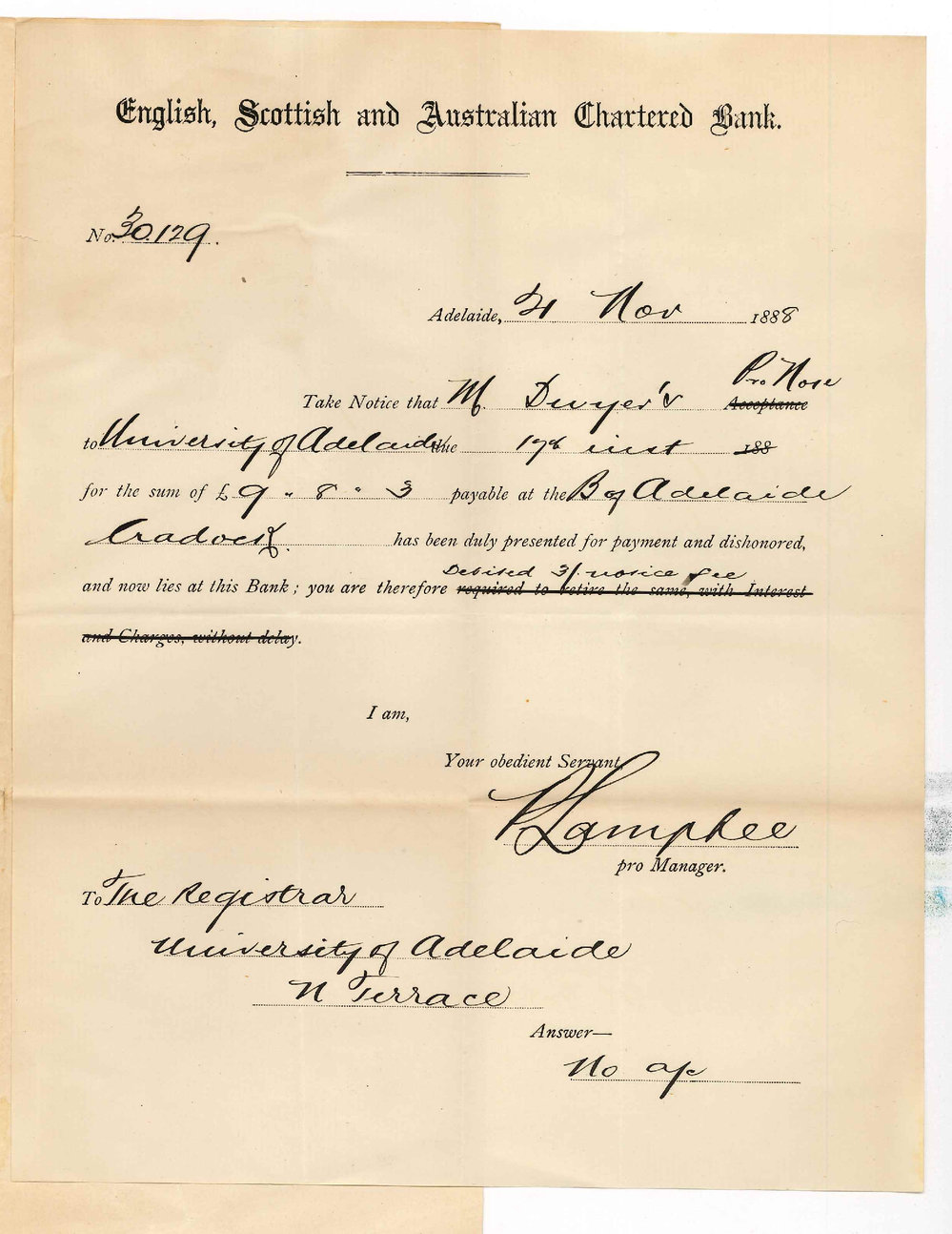 Manager - English Scottish and Australian Chartered Bank - Dwyers Pro Note Dishonoured
