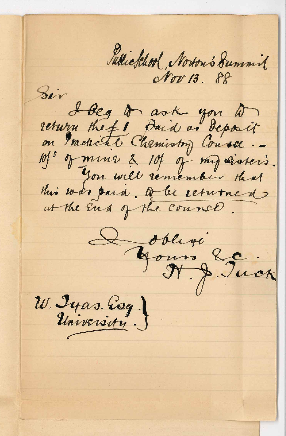 H J Tuck - Norton Summit - Refund of Deposit for Practical Chemistry
