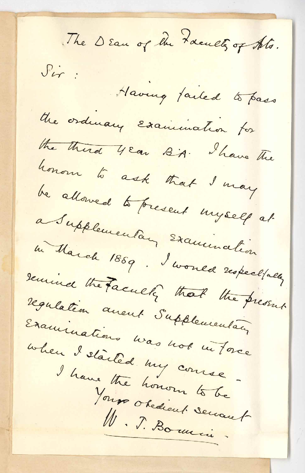 William James Bonnin - The University - Asking for Supplementary BA Examination in March