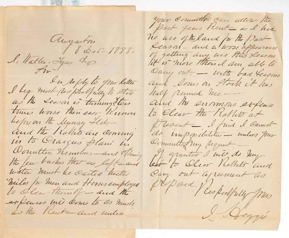 James Heggie - Angaston - Concerning Payment of Rent - Craigies Plains Rabbits - Bad Season