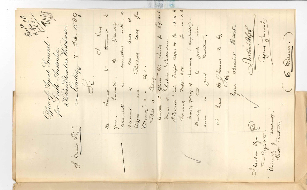 Arthur Blyth - Office of the Agent General for South Australia - London - Copper Wire etc Shipped by S S Ormuz