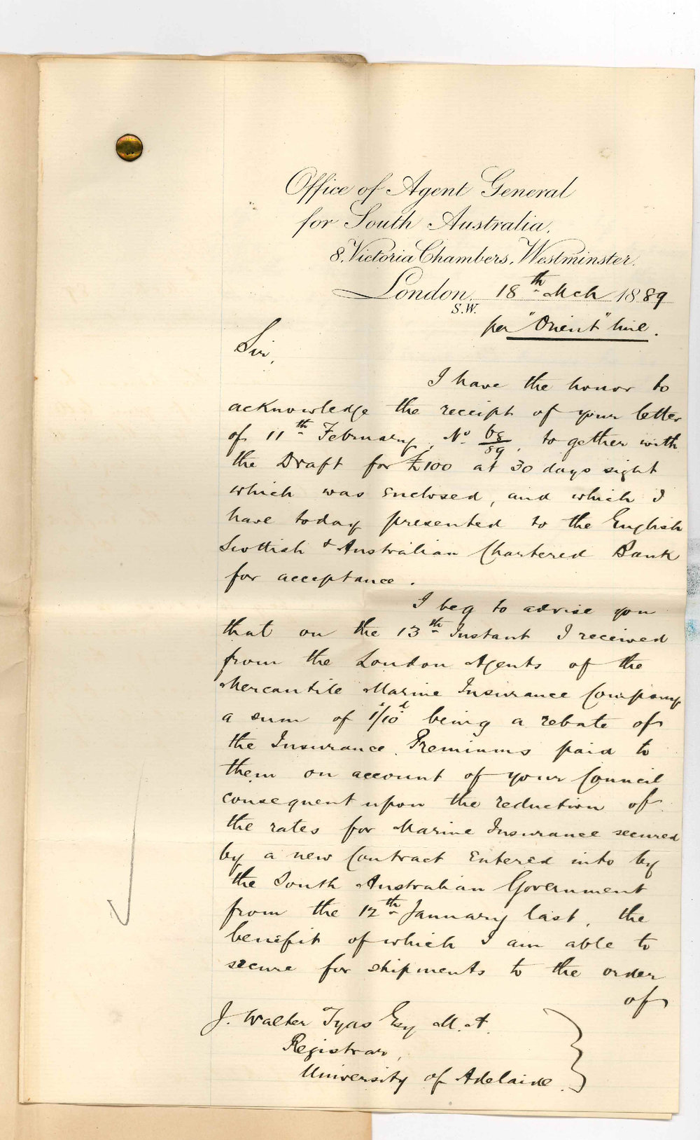 Arthur Blyth - Office of the Agent General for South Australia - London - Receipt of Draft for &pound;100 Refund of Portion of Insurance Charges etc
