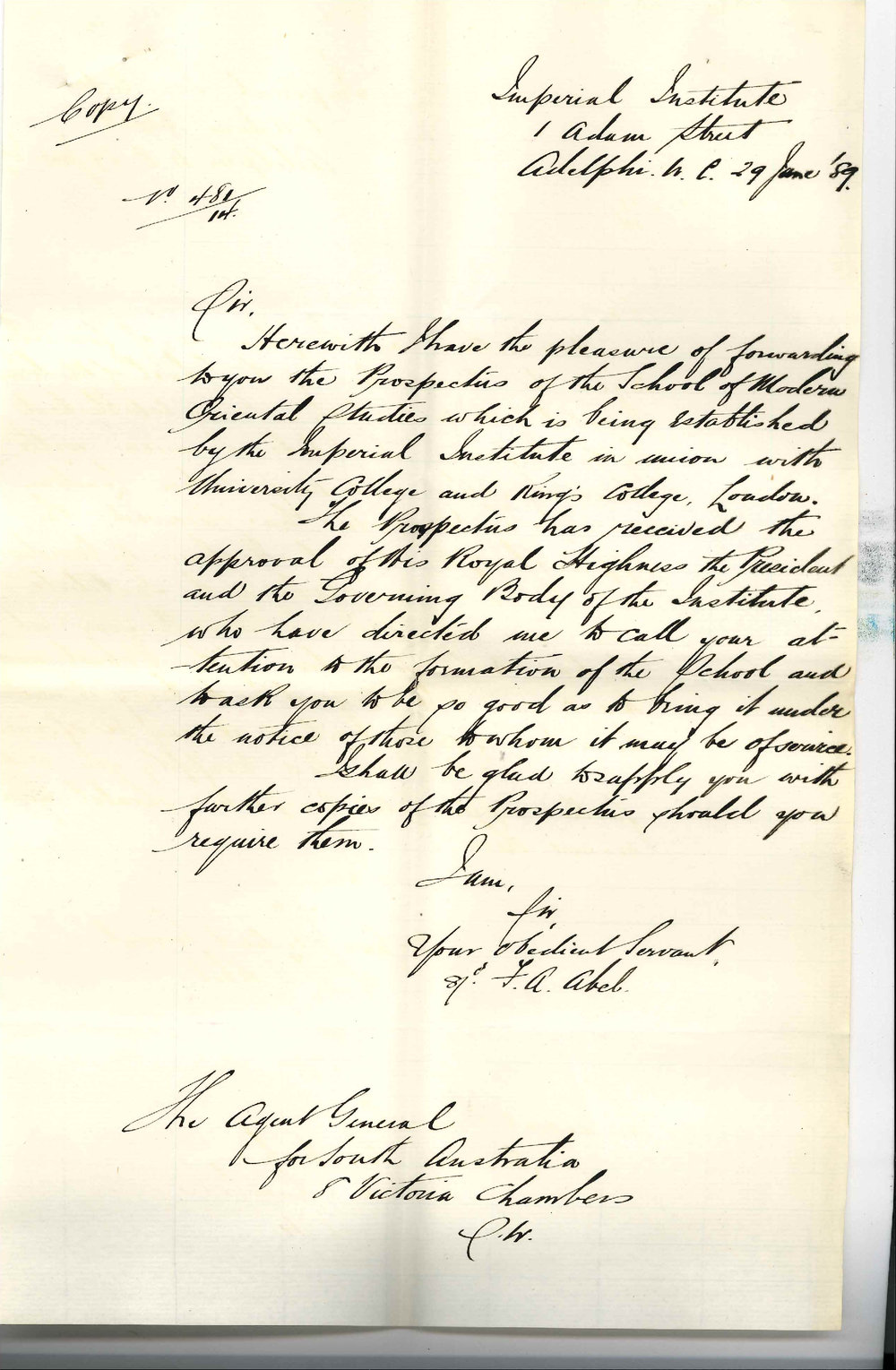 Arthur Blyth - Office of the Agent General for South Australia - London - Forwarding Copy of Letter from Sir F A Abel Secretary of the Imperial Institute