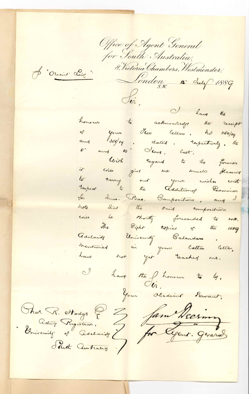Samuel Deering - Office of the Agent General for South Australia - London - Concerning Examiner for Music Bachelor Compositions
