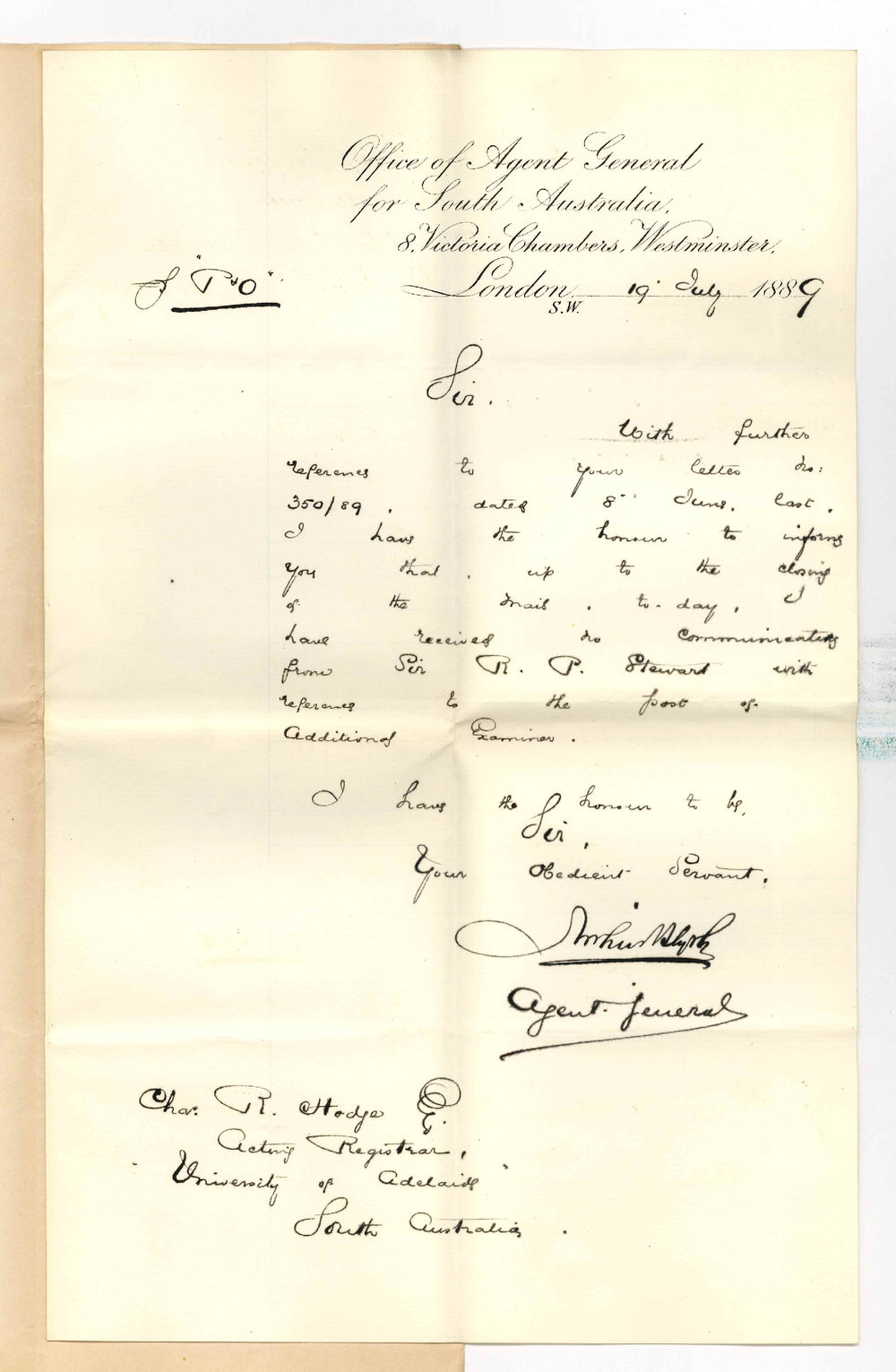 Arthur Blyth - Office of the Agent General for South Australia - London - Concerning Sir R P Stewart as Examiner for Music Bachelor Compositions