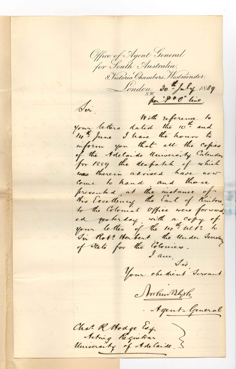 Arthur Blyth - Office of the Agent General for South Australia - London - Receipt of Copies of Calendars