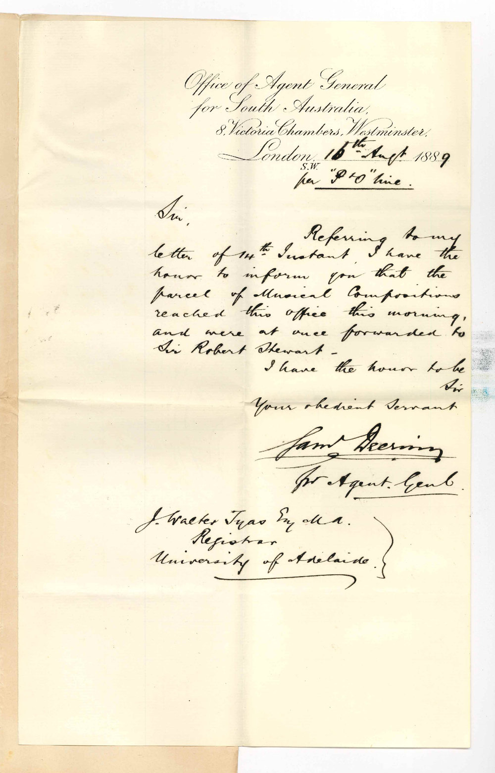 Samuel Deering - Office of Agent General for South Australia - London - Receipt of Music Bachelor Compositions