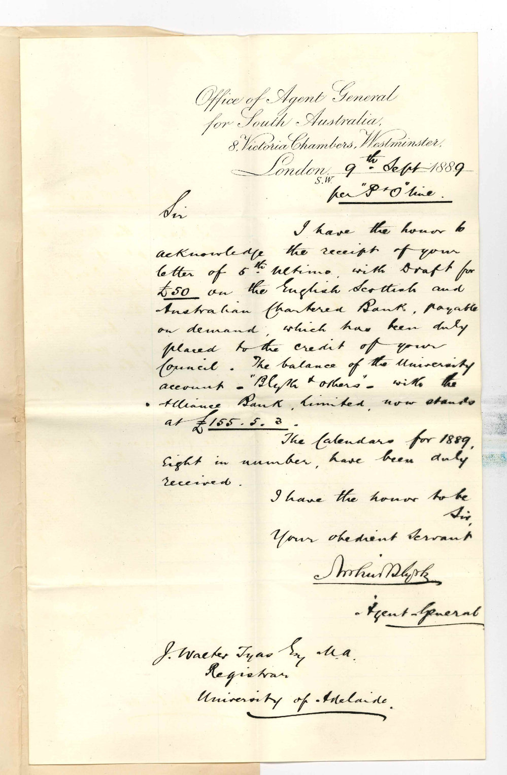 Arthur Blyth - Office of the Agent General for South Australia - London - Receipt of &pound;50 and Calendars