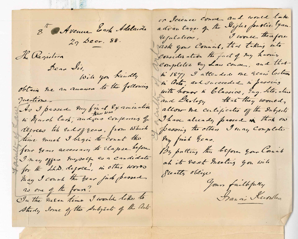 Francis Knowles - East Adelaide - LLD Degree and Asking to be Credited with Subjects of First Year BA Course