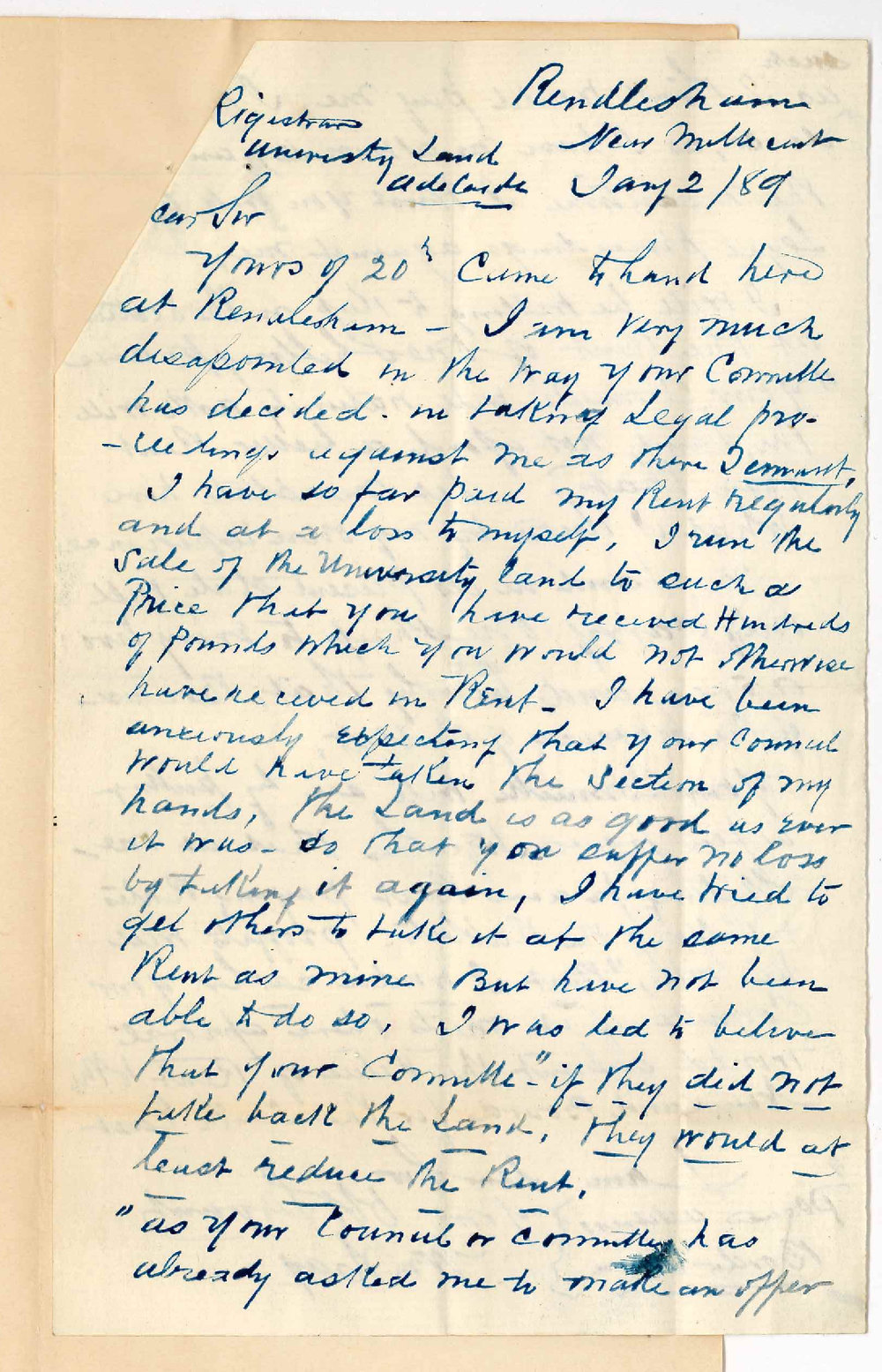 William Hay -  Rendlesham - Concerning Lease of University Land at Tatiara