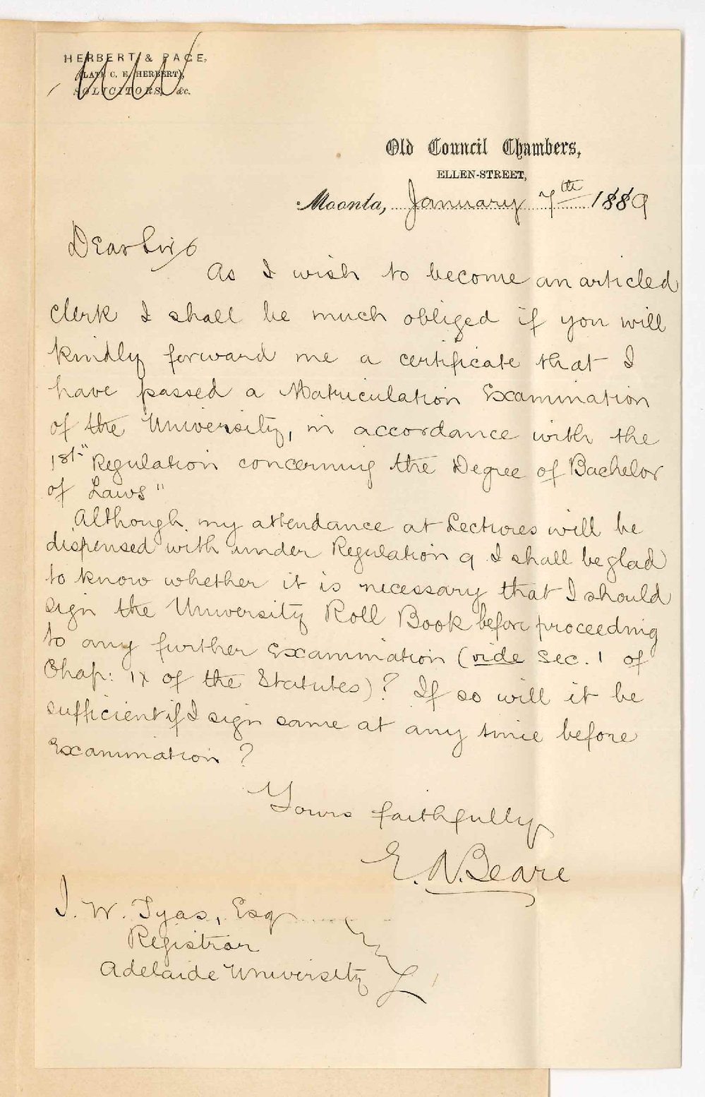 Edwin Arthur Beare - Moonta - Asking for Certificate of Senior Public Examination Also as to signing Roll Book