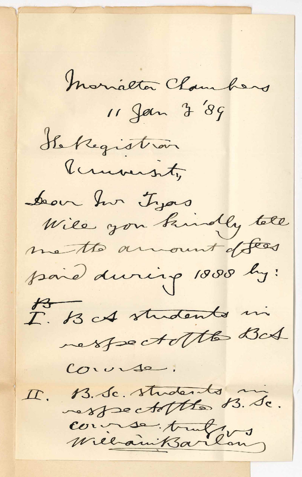 Dr William Barlow  - Victoria Square Adelaide - Fees Received in Arts and Science Courses During 1888
