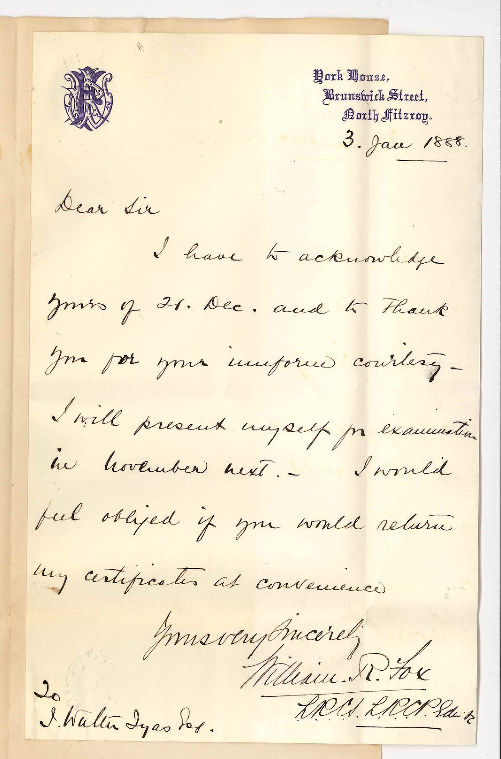 William R Fox  - North Fitzroy Victoria - MB Examination and Certificates