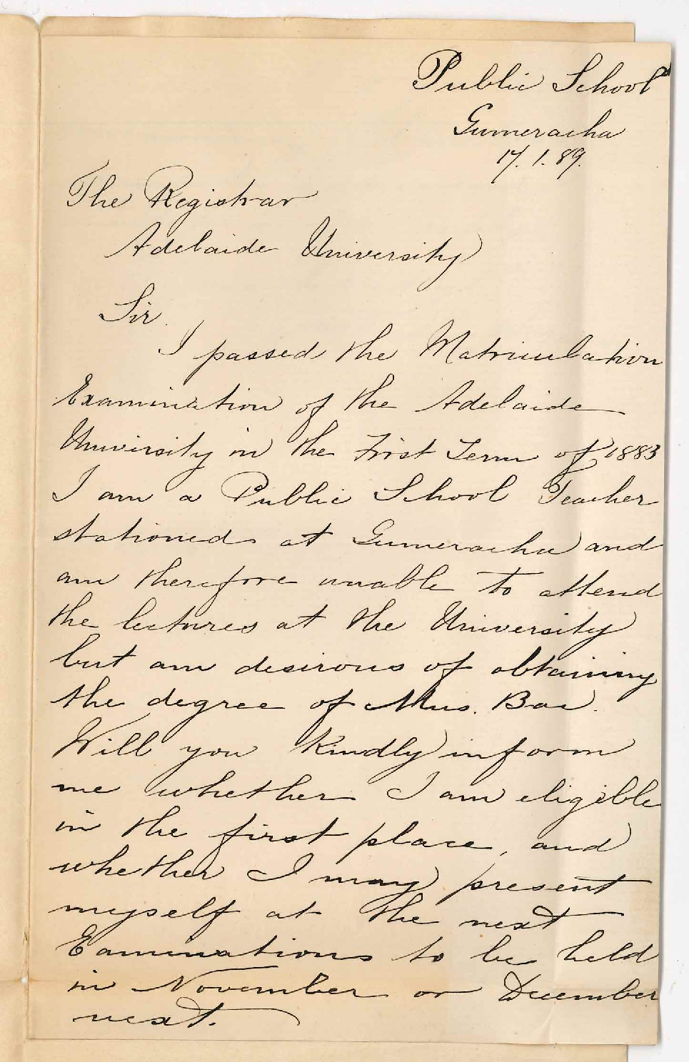 William T Shapter - Public School - Gumeracha - Music Bachelor Course and Exemption from Lectures
