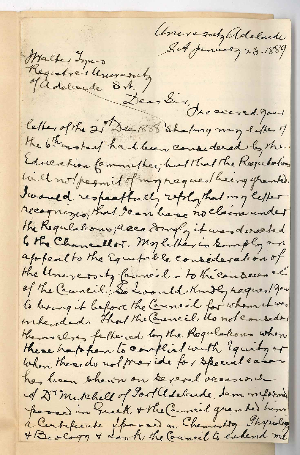 Mrs E L Wright - Adelaide - Refusal of Education Committee to Grant Certain Concessions Regarding BSc Course and Higher Public Examination
