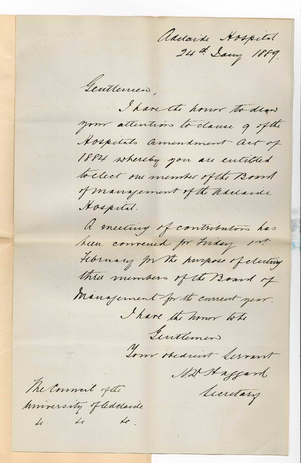 H D Haggard - Secretary - Adelaide Hospital - Election of a Representative on the Board of Management of the Hospital