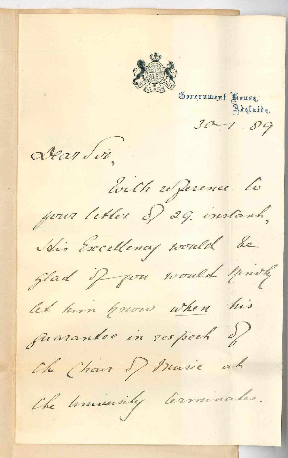 Everard Lempriere-  Private Secretary - Government House - Regarding Governor's Subscription to the Chair of Music