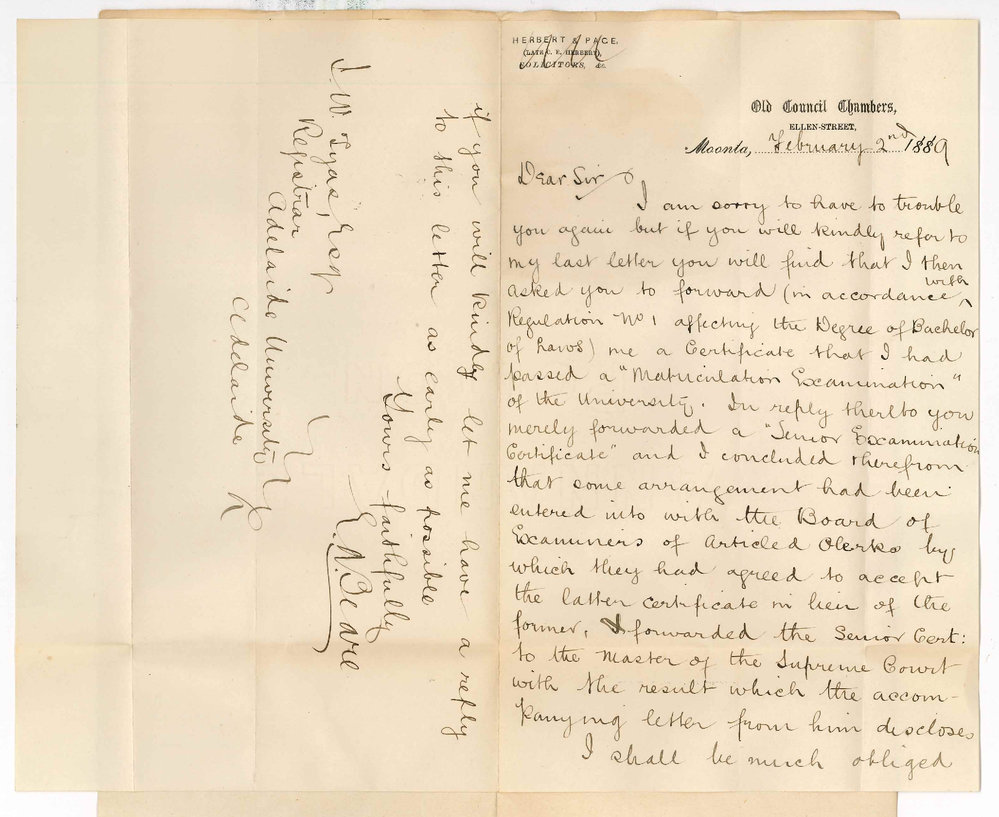 Edwin Arthur Beare - Moonta - Certificate for Articled Clerks Required by Board of Law Examiners