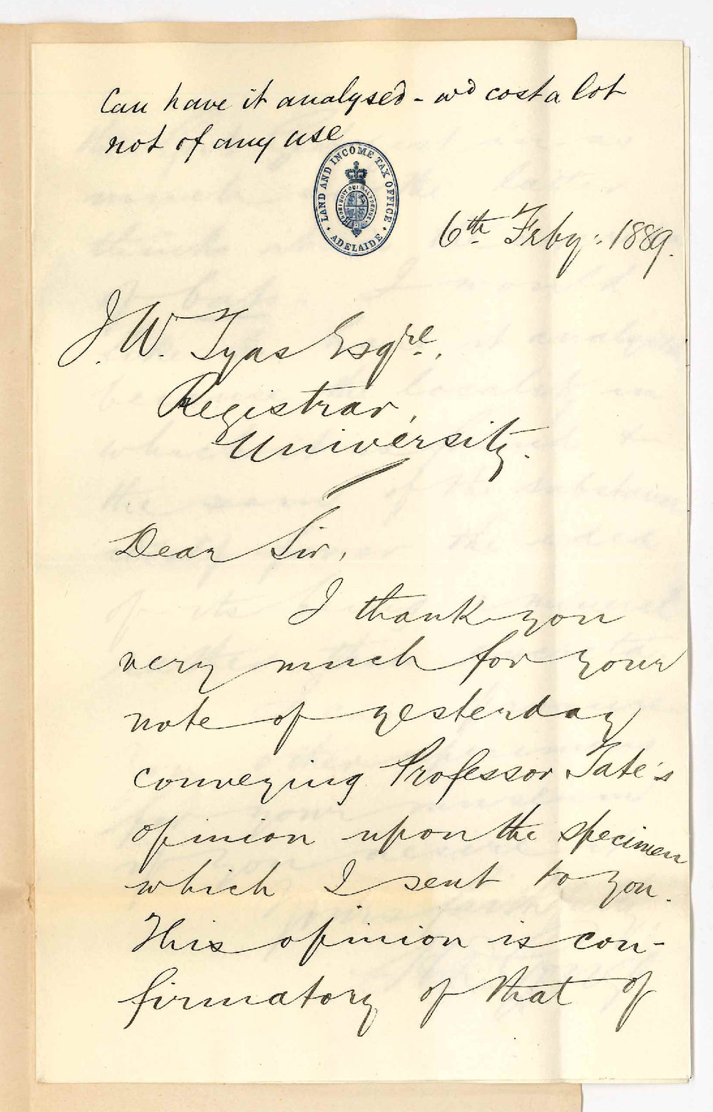 Herbert Dillon Gouge - Land and Income Tax Office - Adelaide - Concerning Specimen of Supposed Mineral - Requesting Analysis