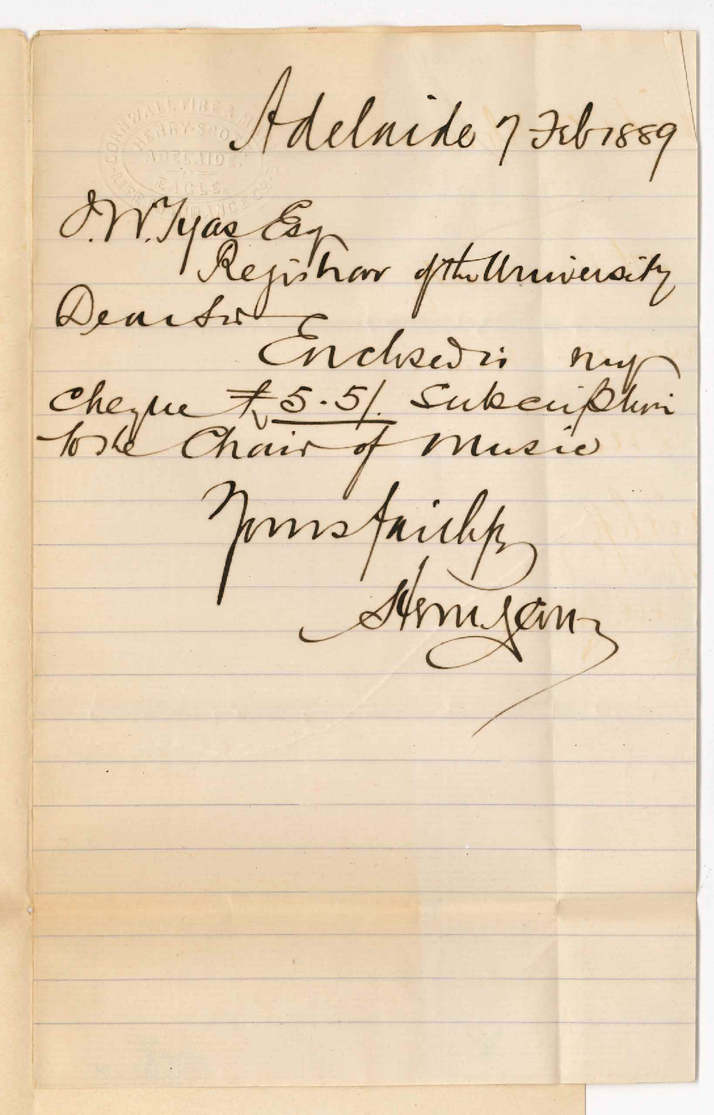 Honourable H Scott - Adelaide - Subscription to Chair of Music for 1889