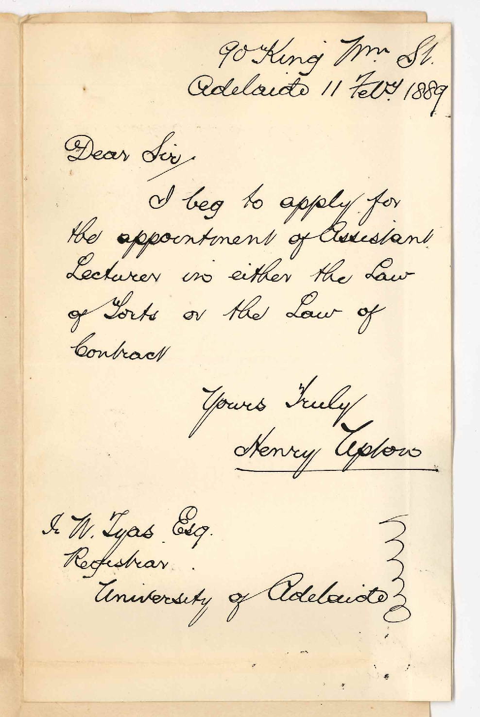 Henry Upton - Adelaide - Application for Assistant Law Lectureship