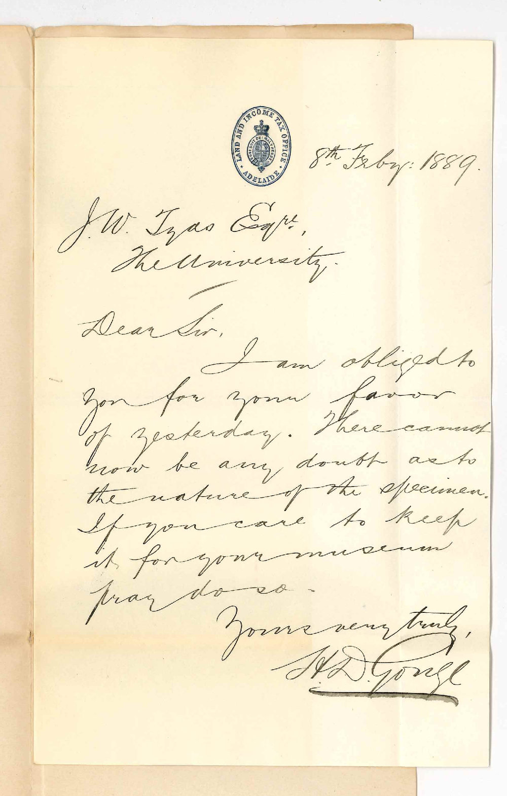 Herbert Dillon Gouge - Land and Income Tax Office - Adelaide - Offering Specimen of Supposed Mineral be Kept by Museum