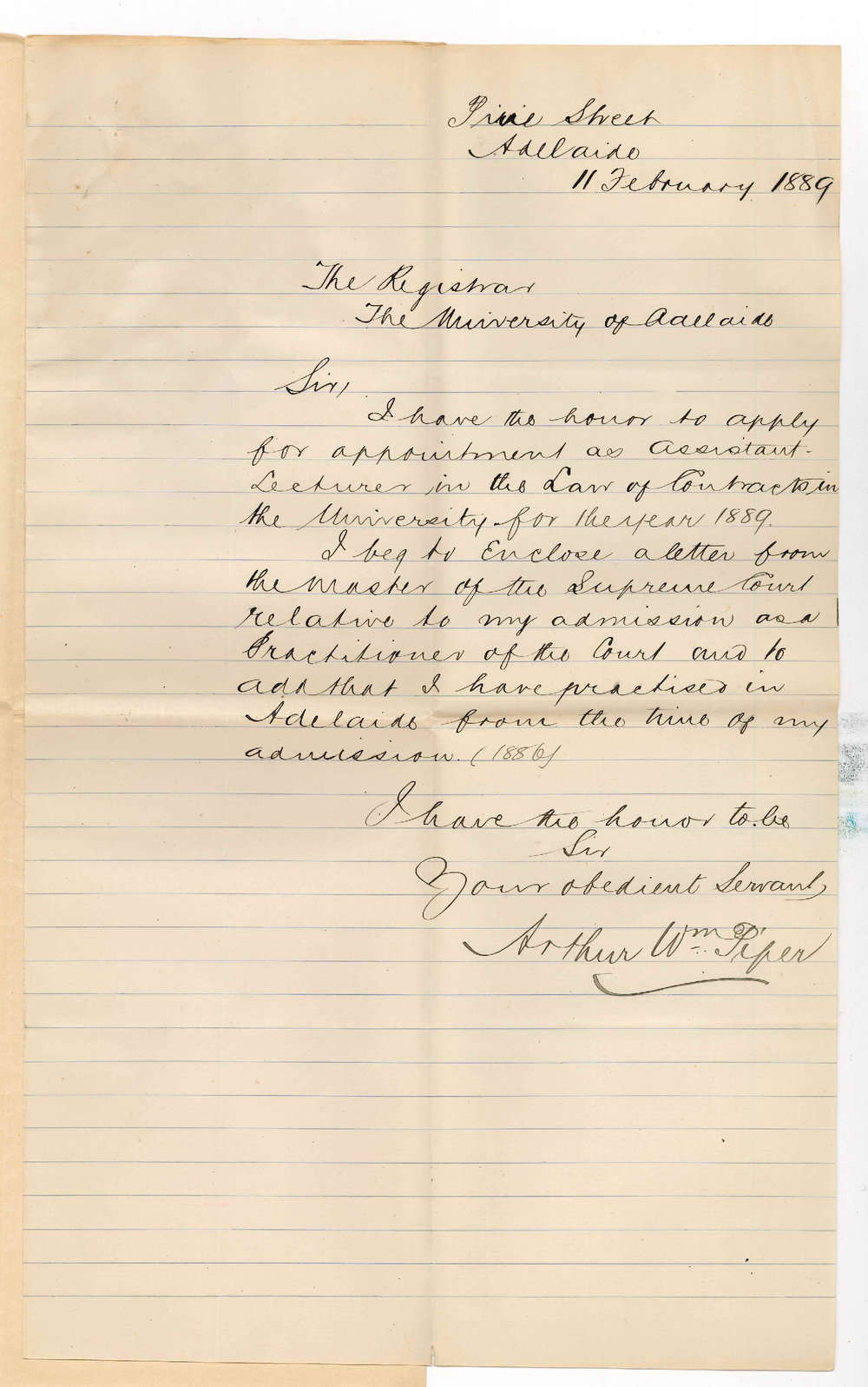 Arthur William Piper - Adelaide - Application for Assistant Law Lectureship