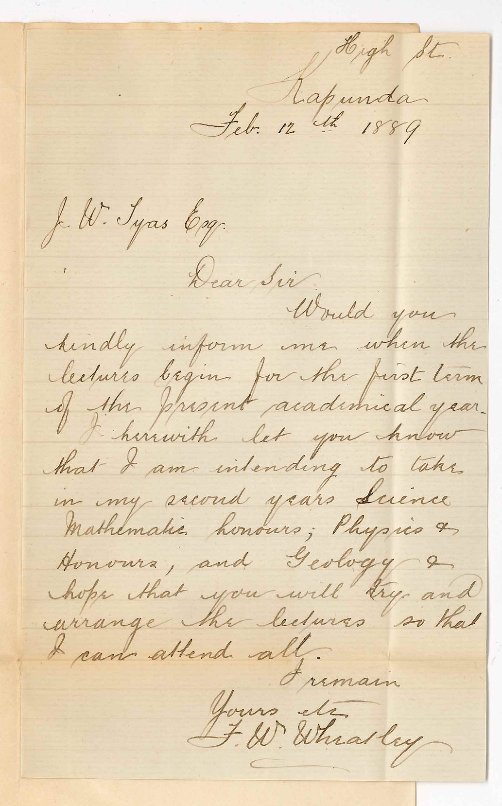 Frederick William Wheatly - Kapunda - Concerning Lectures of the Second Year BSc