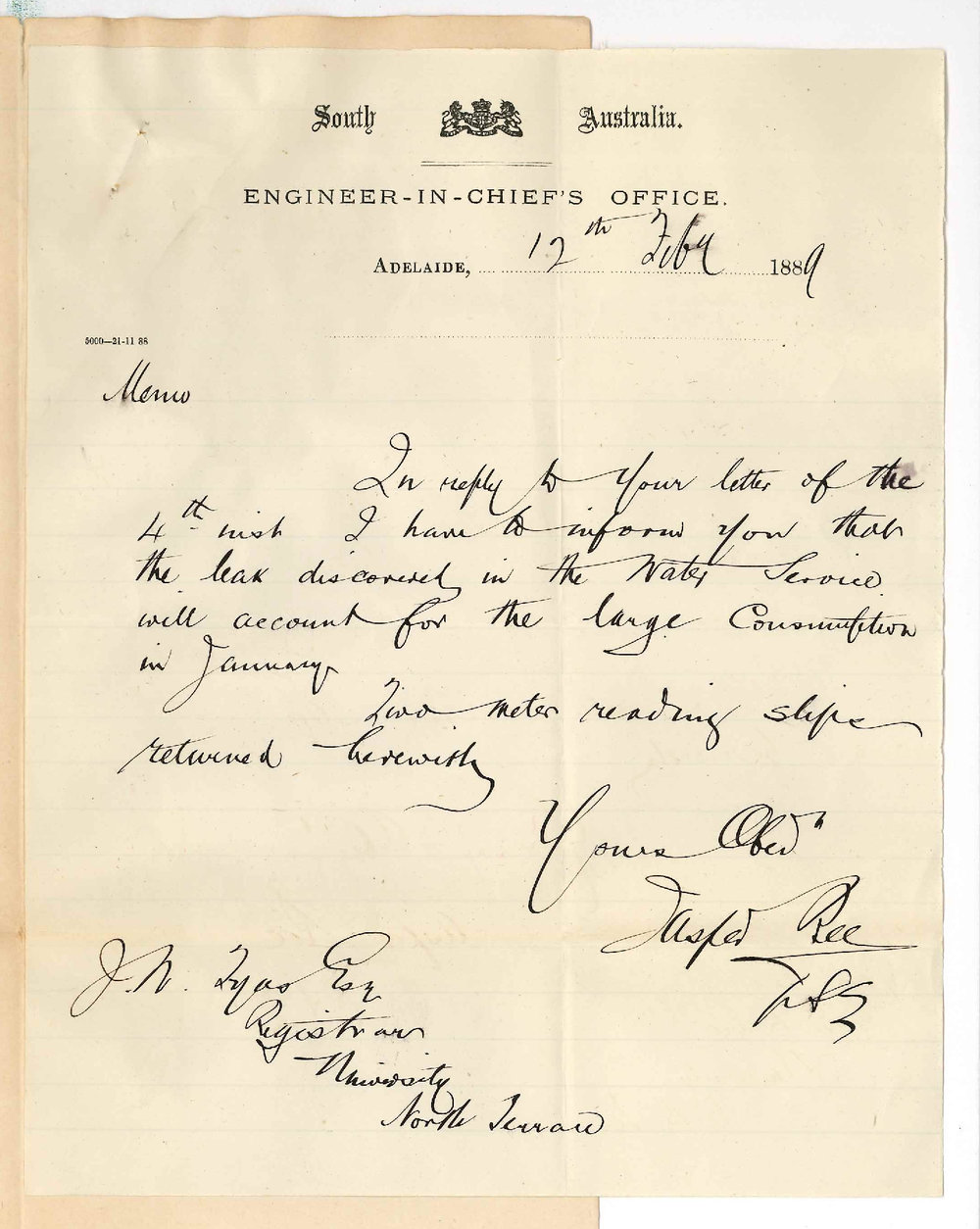 Jasper Bee - Engineer-in-Chief's Office - South Australia - Concerning Large Consumption of Water and Leak in Pipe