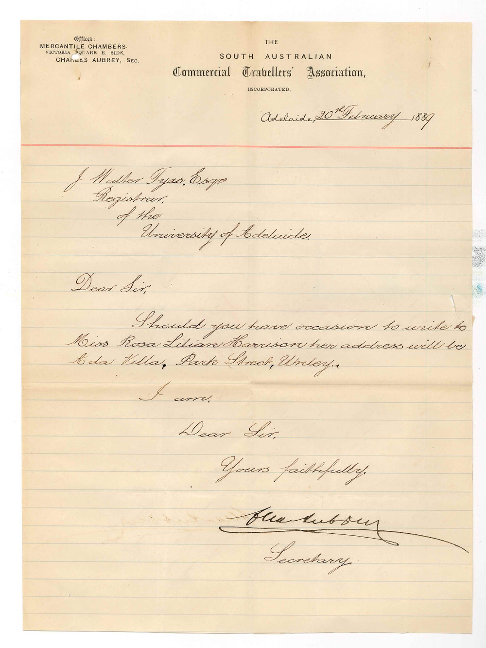 Charles Aubrey - The South Australian Commercial Travellers' Association - Adelaide - Election of New Scholar Miss Rosa Lilian Harrison for Music