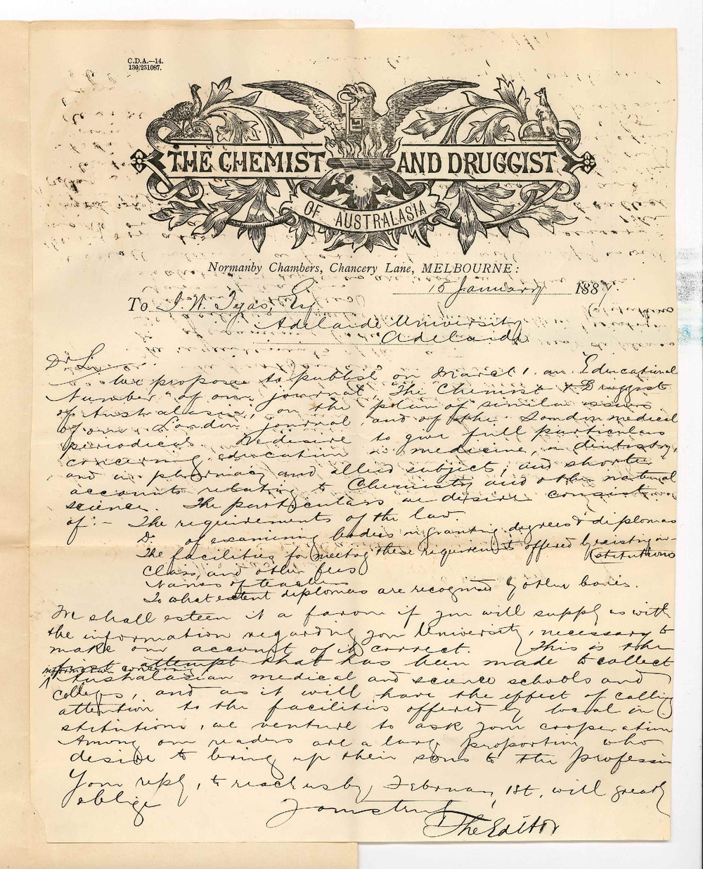 The Editor - The Chemist and Druggist of Australasia - Information Concerning the Medical School