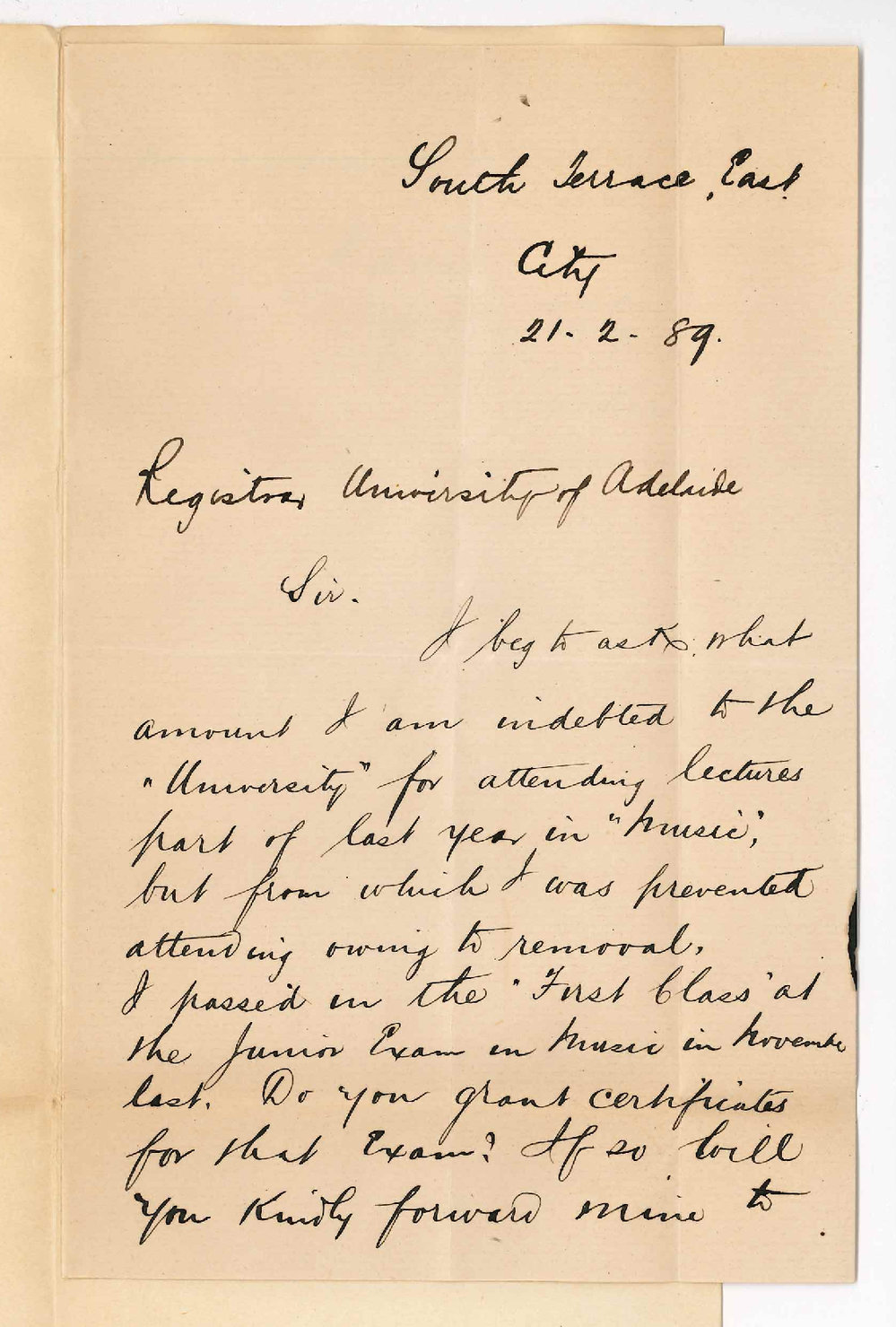 John Tucker - South Terrace Adelaide - Payment of Fees for the Music Bachelor Lectures in 1888