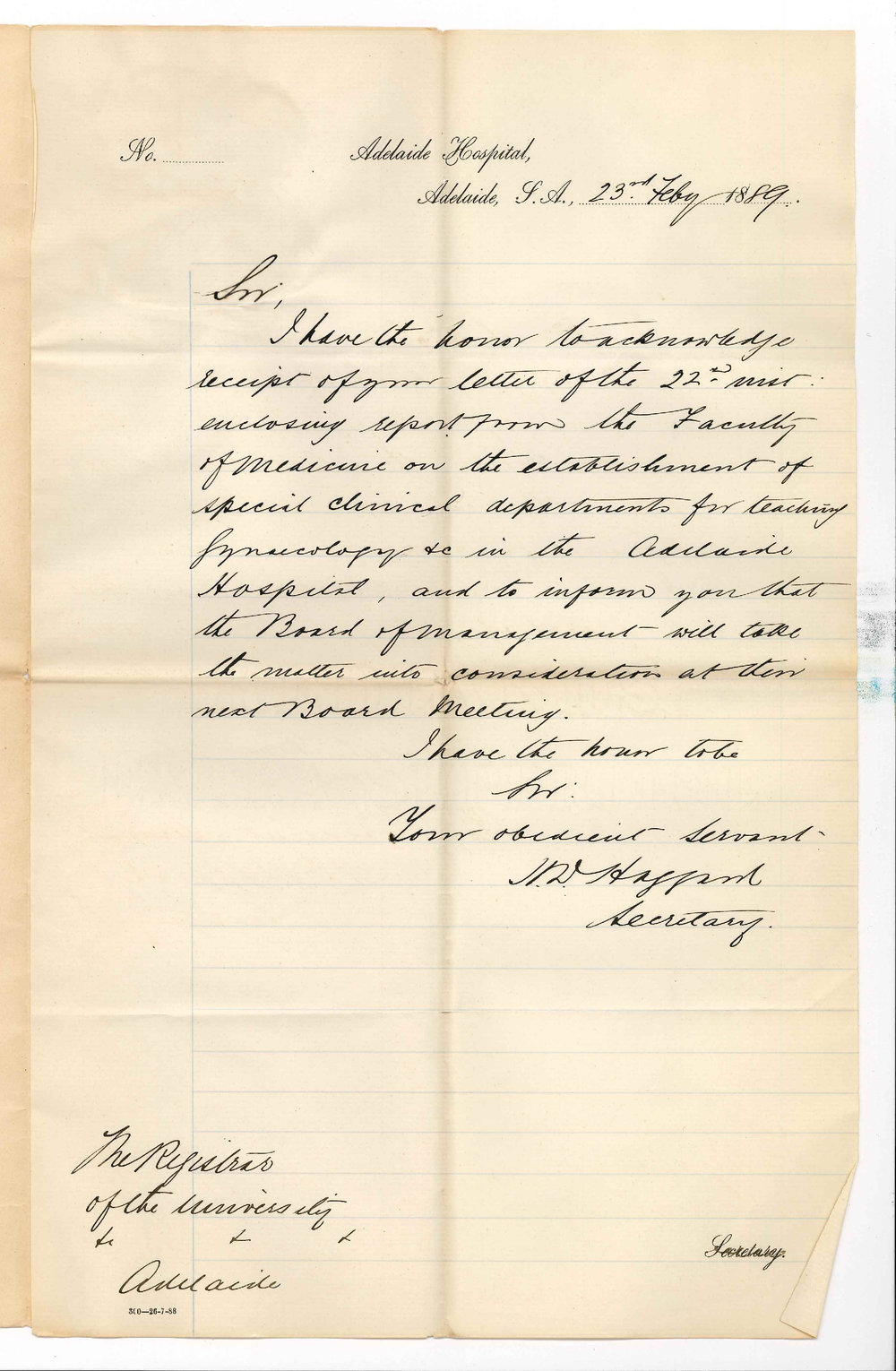 H D Haggard - Secretary - Adelaide Hospital - Special Departments for Teaching Gynaecology etc