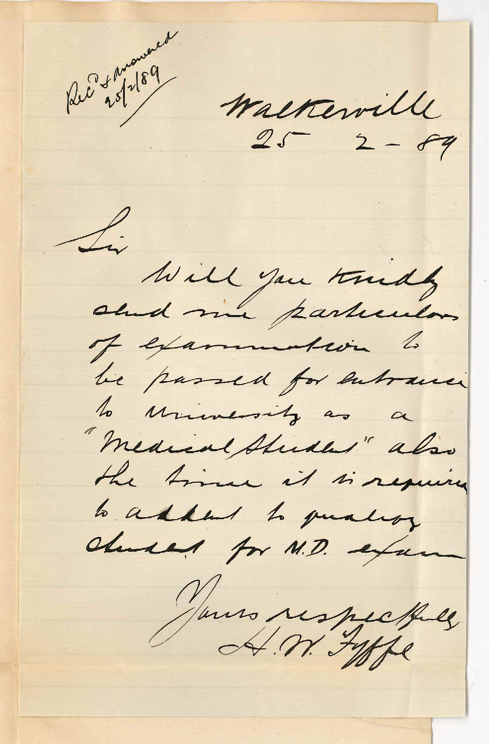 H W Fyffe - Walkerville - Particulars Regarding MB Course